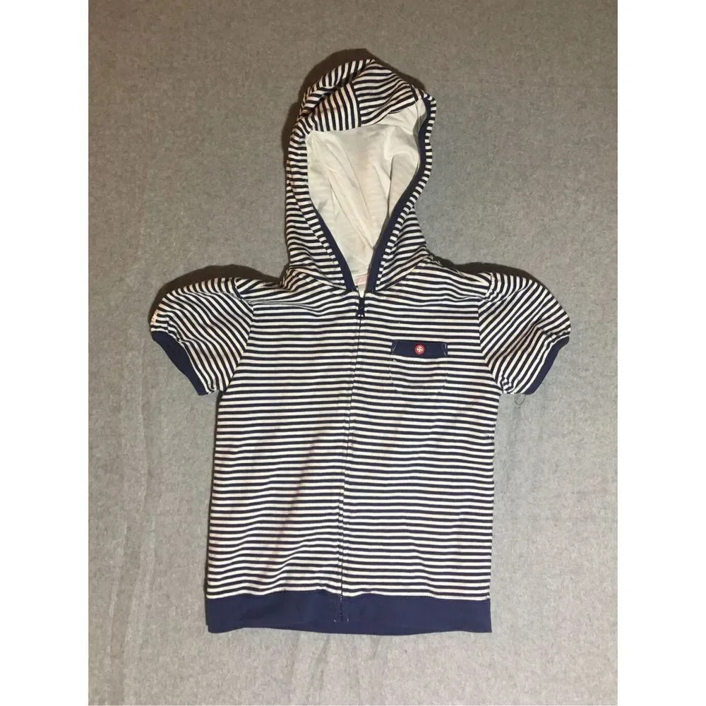 Kids Janie and Jack Hoodie Size 6 Short Sleeve Jacket Zip Up Stripes Navy White